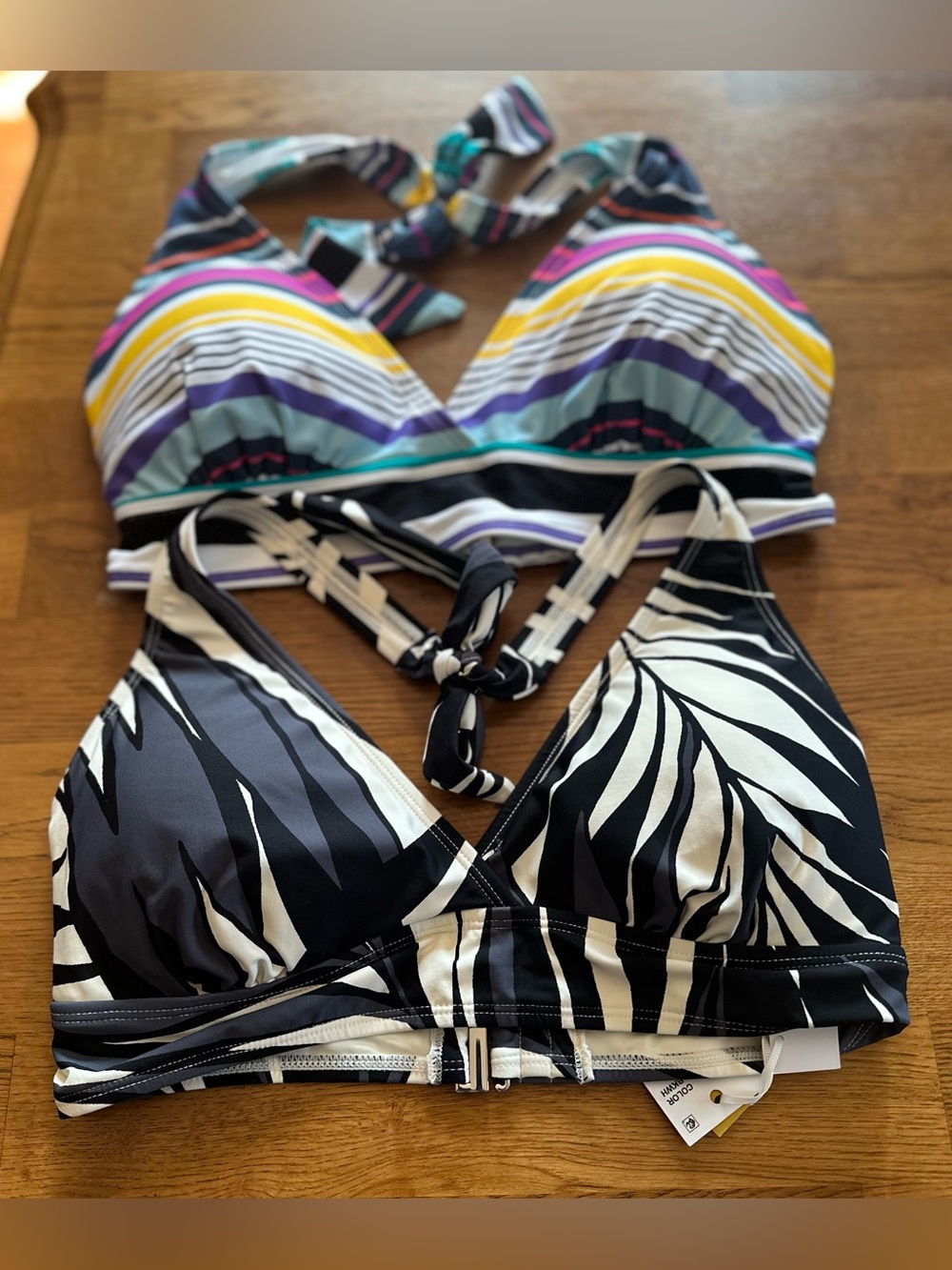 Anne Cole 2 Bikini tops Striped Multicolor & Black Tropical Print Bikini Tops
